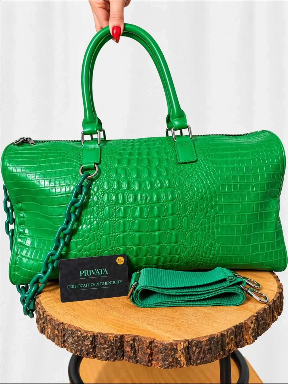 Emerald Green Croc Embossed Weekender Duffle Bag COA + Strap